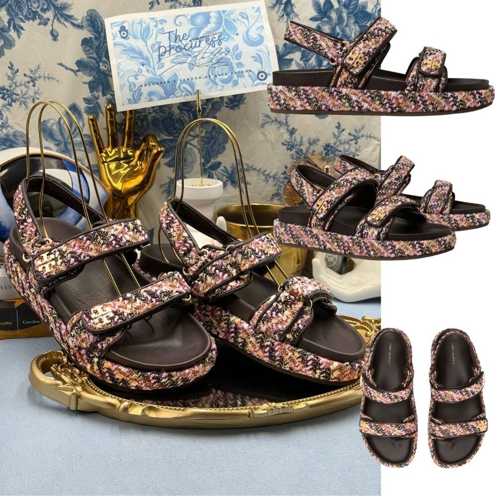 🆕 TORY BURCH 🧿 NWOB Kira Sport Sandal, Rose Cocoa Multi Tweed Dad Sandal Sz7.5